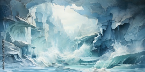 the entrance to an ice cave with water inside, in the style of light indigo and dark beige, generative AI photo