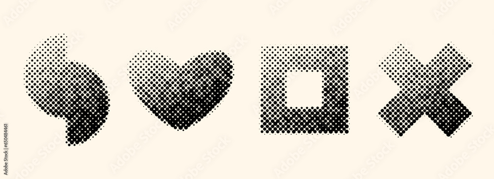 Halftone geometric shapes set. Dotted cross, heart, semicircles, square elements with gradient. Black textured objects for banner, poster, collage, flyer, booklet, brochure, cover. Vector collection - obrazy, fototapety, plakaty 