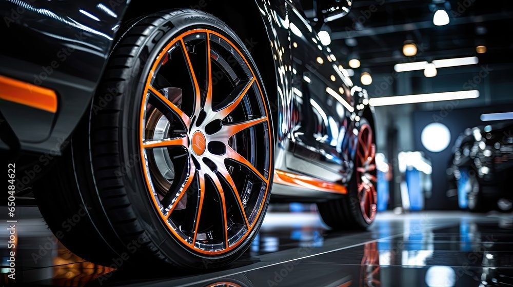 Alloy wheels, alloy wheels or alloy wheels, high performance car parts in car showrooms - obrazy, fototapety, plakaty 