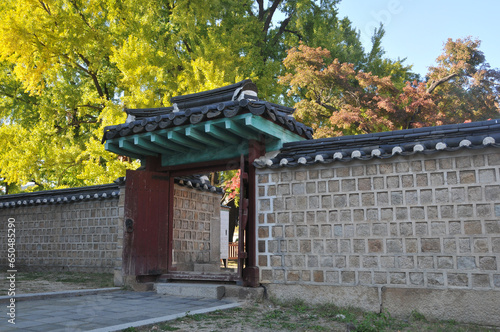 Traditional Korean Hanok Village stone wall with old wooden door and big trees in the afternoon in Seoul, South Korea