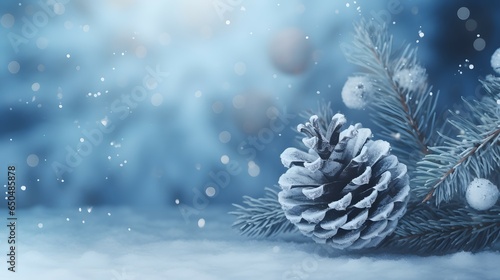 christmas background with pine cones and snow