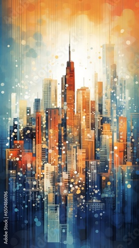 Abstract cityscape skyline art. Pixelated city skyscraper buildings. New York City high rises, Generative AI 