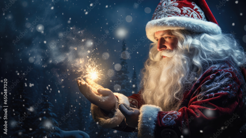Santa Claus blows magical glowing shining Christmas stars light on a snowy night with a warm atmosphere created with Generative AI Technology Santa Claus blows magical glowing shining Christmas stars light on a snowy night with a warm atmosphere created with Generative AI Technology