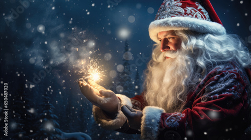 Santa Claus blows magical glowing shining Christmas stars light on a snowy night with a warm atmosphere created with Generative AI Technology