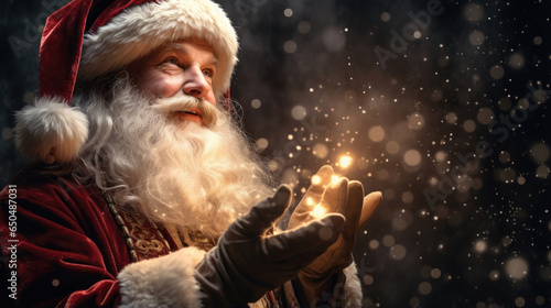 Santa Claus blows magical glowing shining Christmas stars light on a snowy night with a warm atmosphere created with Generative AI Technology