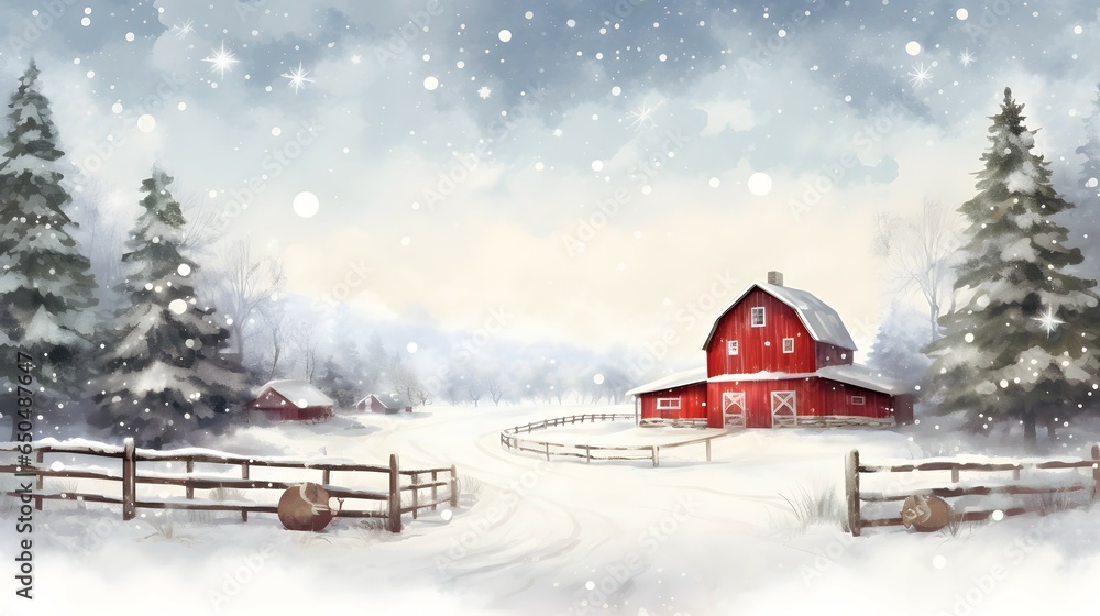 red barn in christmas winter - obrazy, fototapety, plakaty 