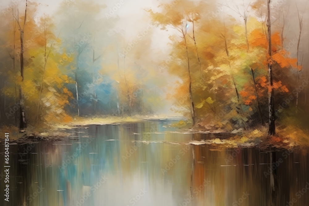 Abstract oil painting autumn landscape. Forest and pond impressionist art. Hazy fall morning, Generative AI 