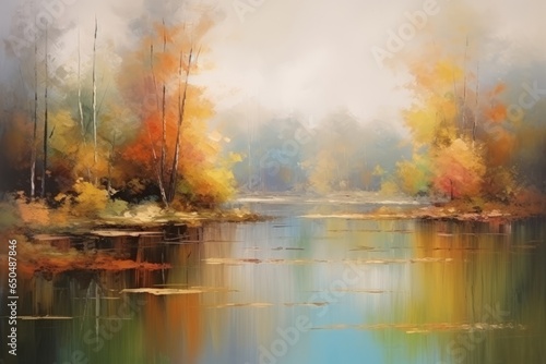 Abstract oil painting autumn landscape. Forest and pond impressionist art. Hazy fall morning, Generative AI 