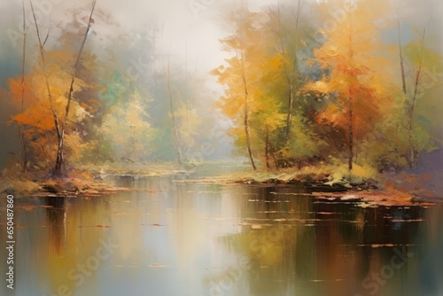 Abstract oil painting autumn landscape. Forest and pond impressionist art. Hazy fall morning  Generative AI 