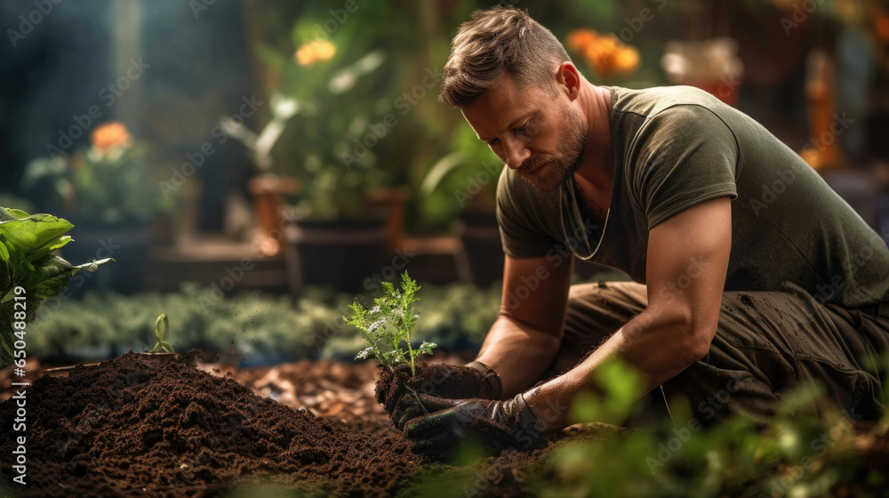 man working in the garden making a soil compost pit for gardening as a gardener created with Generative AI Technology - obrazy, fototapety, plakaty 