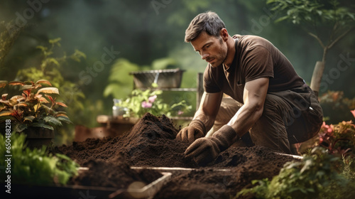 man working in the garden making a soil compost pit for gardening as a gardener created with Generative AI Technology