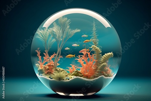 Abstract biosphere in a bubble. Ecosystem in a fish bowl. Environmental background wallpaper with fish and coral, Generative AI  photo