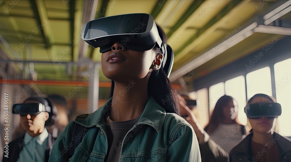 educational innovation Female student in virtual reality glasses joins teacher during lesson in bright classroom at school educational innovation Female student in virtual reality glasses joins teacher during lesson in bright classroom at school