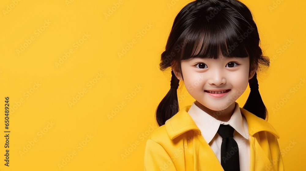 funny asian child school girl girl on yellow background. free style costume, funny asian child school girl girl on yellow background. free style costume,