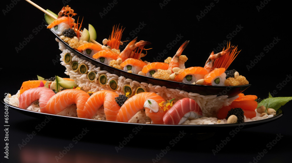 fresh delicious japanese sushi boat ship on dark background created with Generative AI Technology fresh delicious japanese sushi boat ship on dark background created with Generative AI Technology
