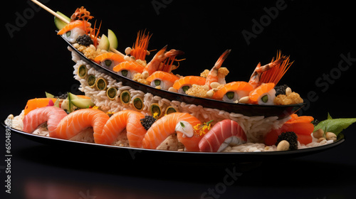 fresh delicious japanese sushi boat ship on dark background created with Generative AI Technology