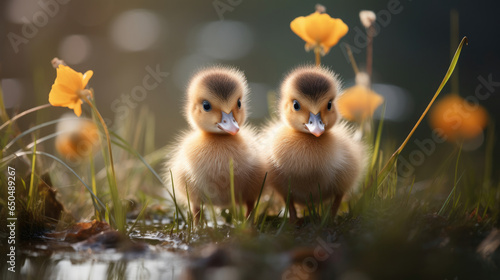 A cute newborn little yellow duck standing on the grass with beautiful bokeh light created with Generative AI Technology