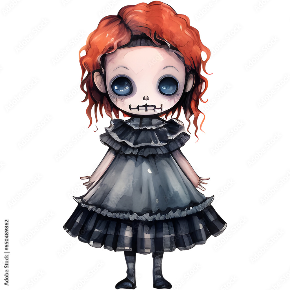 Single curl red hair and dark black dress  Halloween Horror Doll illustration