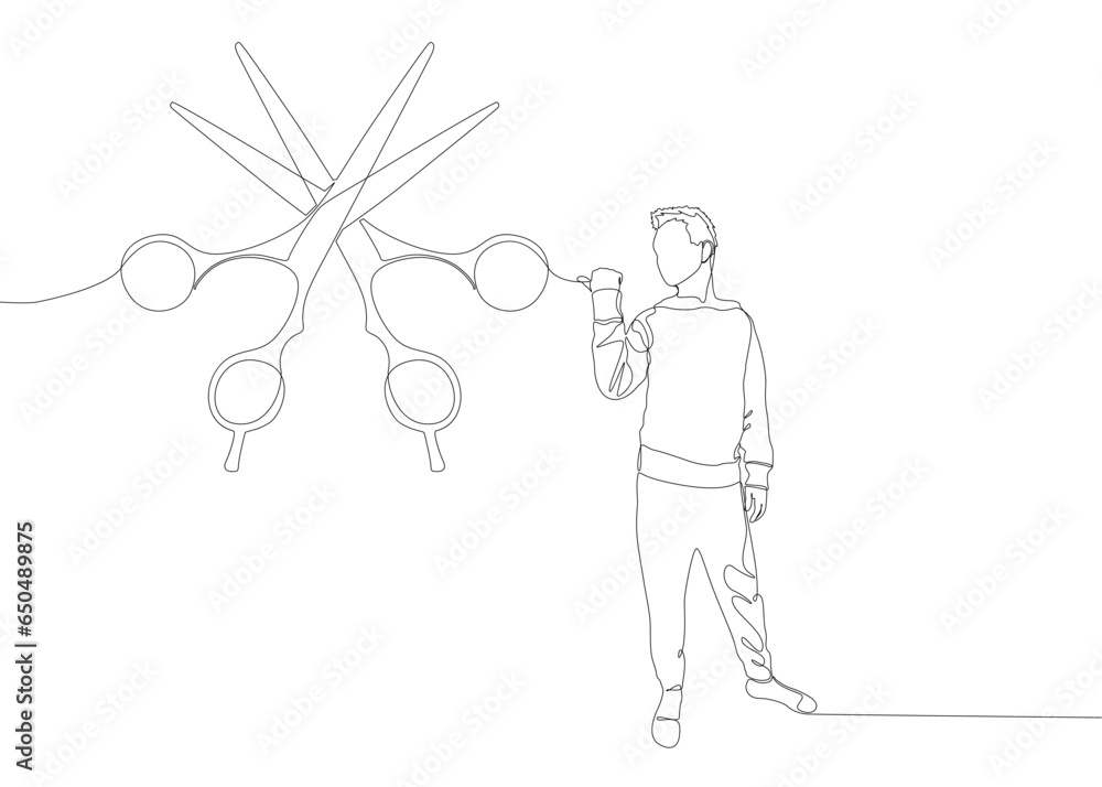 One continuous line of Man pointing with finger at scissor. Thin Line Illustration vector concept. Contour Drawing Creative ideas. One continuous line of Man pointing with finger at scissor. Thin Line Illustration vector concept. Contour Drawing Creative ideas.