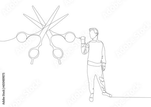 One continuous line of Man pointing with finger at scissor. Thin Line Illustration vector concept. Contour Drawing Creative ideas.