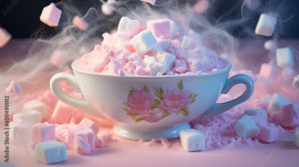 A bowl of marshmallows shaped like a cloud and sprinkled with colorful powdered sugar created with Generative AI Technology A bowl of marshmallows shaped like a cloud and sprinkled with colorful powdered sugar created with Generative AI Technology