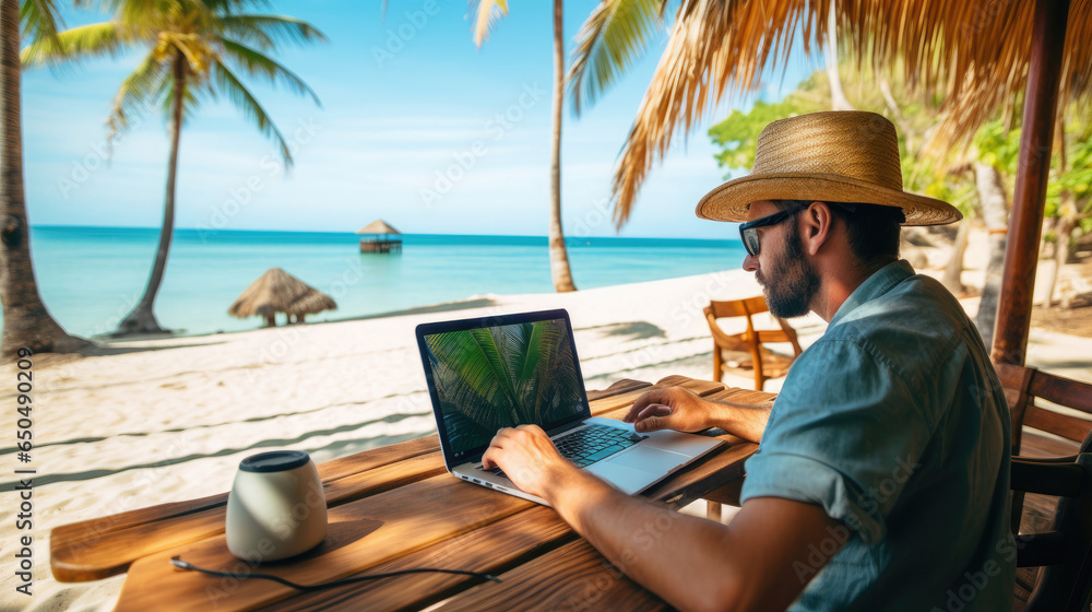 Digital nomad man working on laptop with amazing tropical beach view as freedom and flexibility created with Generative AI Technology