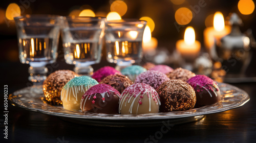 Table with festive colorful chocolate truffles and decorated wine glass against a backdrop of beautiful sparkling bokeh lights created with Generative AI Technology