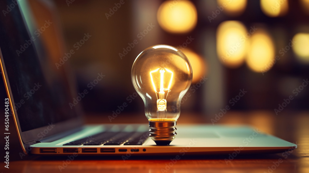 Glowing light bulb on laptop computer, working with creativity and brainstorming idea concept background. - obrazy, fototapety, plakaty 
