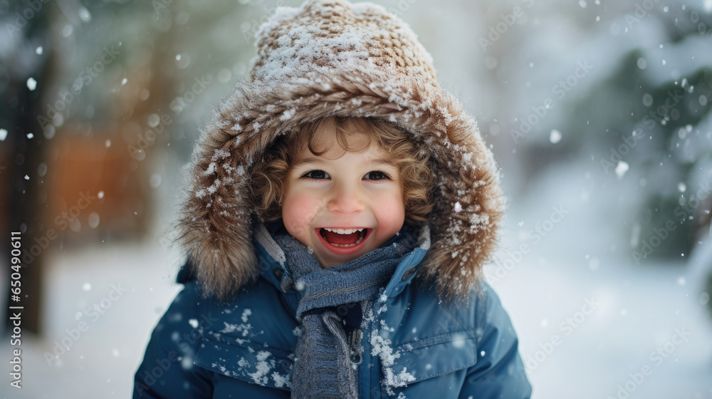 Cute little girl in blue winter clothes smiling and walking as snow falls outdoors created with Generative AI Technology Cute little girl in blue winter clothes smiling and walking as snow falls outdoors created with Generative AI Technology