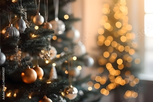 Closeup beautiful Christmas tree and ormaments in living room, Christmas background. photo