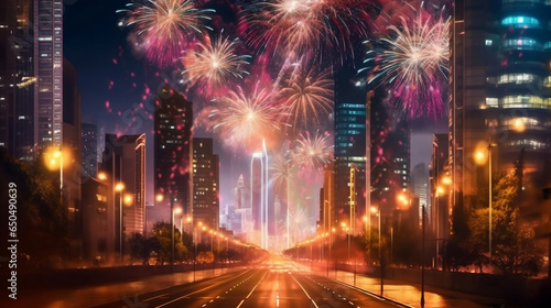 Fireworks display cityscape with road  celebration and count down to new year concept illustration.