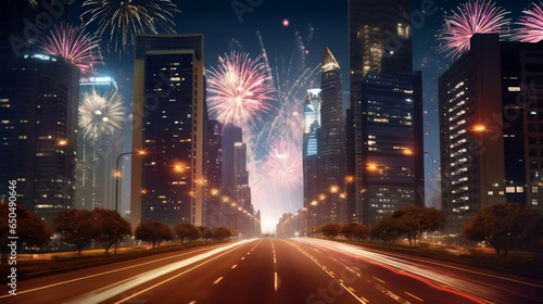 Fireworks display cityscape with road, celebration and count down to new year concept illustration.
