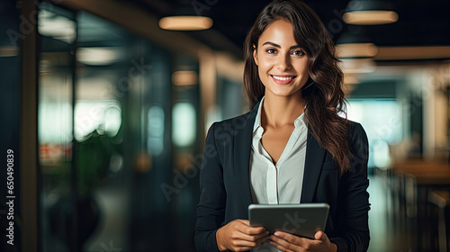 Beautiful elegant business woman in dark business clothes holding tablet and looking at camera smiling inside office building created with Generative AI Technology