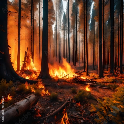 forest fire in the forest genreated by AI technology photo