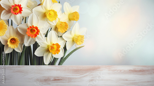 Spring floral background Fresh blooming Daffodils flowers on soft gray wooden table with empty space for text created with Generative AI Technology 