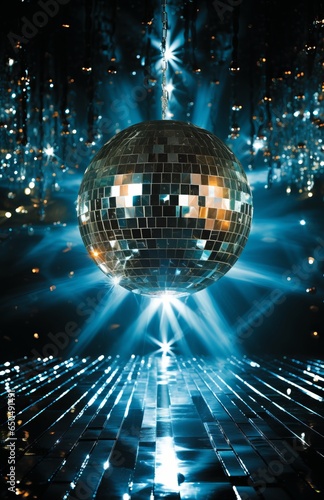 Starry Night Disco Ball Glamour. Disco ball with radiant beams against a sparkling starry backdrop.