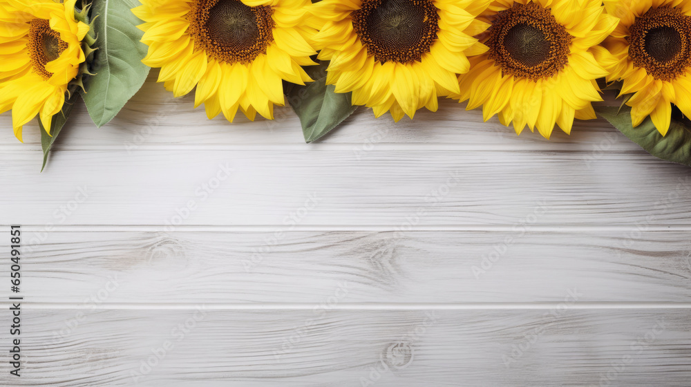 Obraz premium Blooming spring flowers Fresh sunflowers on soft gray wooden table with empty space for text