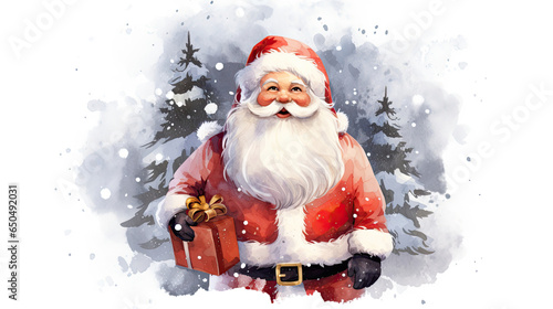 Watercolor clipart merry christmas santa claus standing with red gift box on white background created with Generative AI Technology  photo