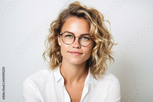 Happy young blonde smiling business woman wearing glasses and casual clothes on white background created with Generative AI Technology
