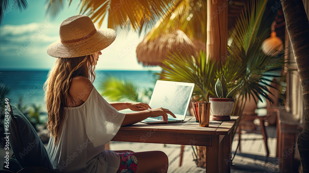 Digital nomad girl enjoying remote work with computer laptop while on vacation at the beach created with Generative AI Technology - obrazy, fototapety, plakaty 
