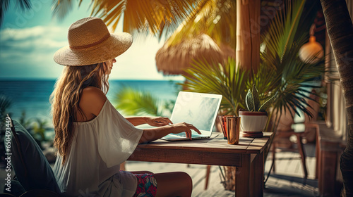 Digital nomad girl enjoying remote work with computer laptop while on vacation at the beach created with Generative AI Technology photo