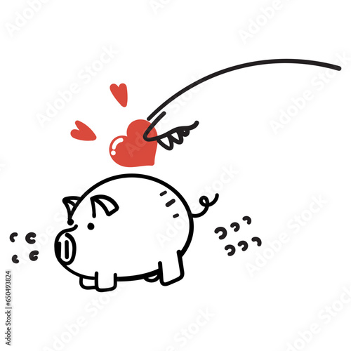 hand drawn doodle put love in the piggy bank