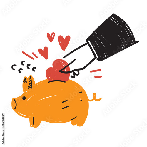 hand drawn doodle put love in the piggy bank