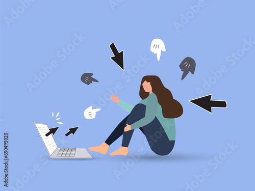 Cyber bullying, internet abuse or online troll, social media problem with hater comments concept, depressed teenager girl sitting alone with computer laptop and mouse hand cursors pointing on her.