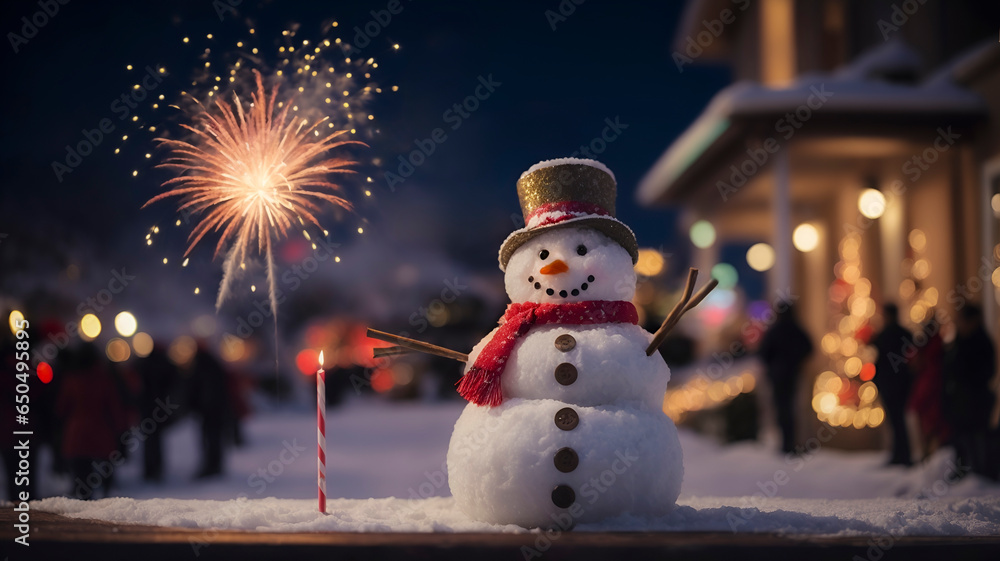 Obraz premium Christmas snowman in the snow with fireworks