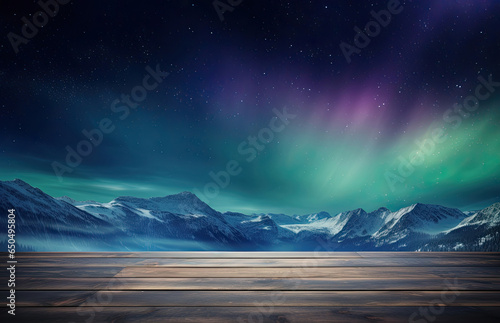 Empty with table and northern lights in mountains on background