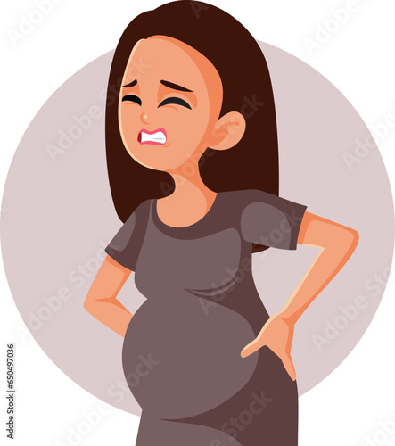 Pregnant Woman Suffering a Backache Vector medical Cartoon illustration. Mother to be suffering from lumbar back pain in the lower back area

