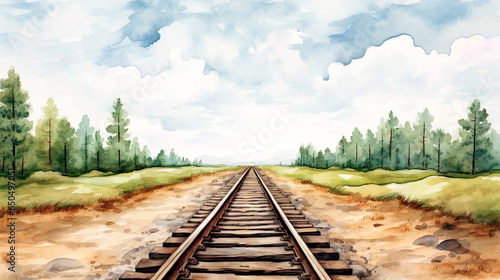 平原を進む線路の風景の水彩イラスト photo