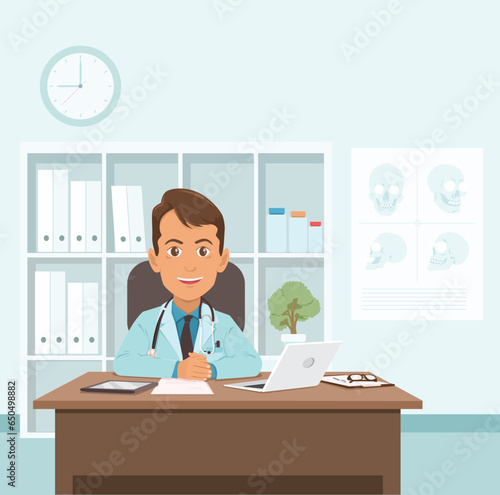 Vector illustration of a professional male doctor sitting at his office desk