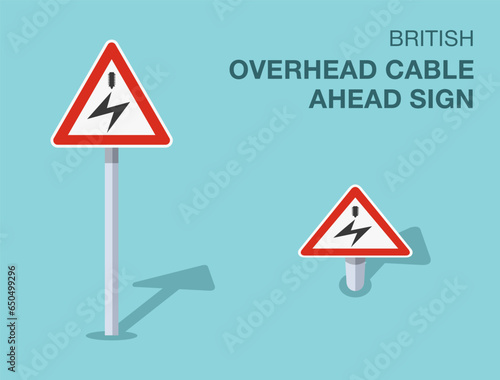 Traffic regulation rules. Isolated British overhead cable ahead sign. Front and top view. Flat vector illustration template.